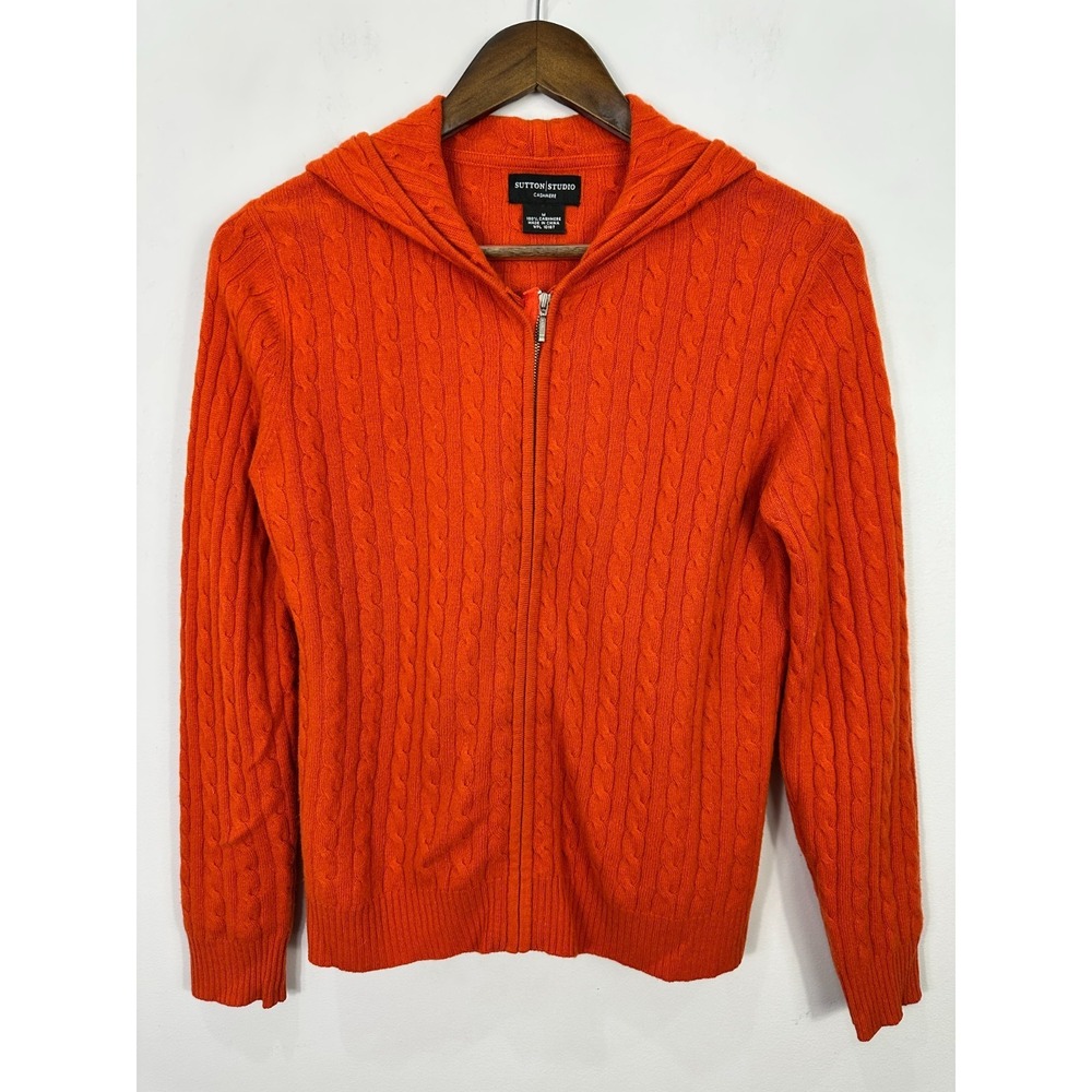 Sutton Studio 100% Cashmere Cable Knit Hoodie Orange Zip Front Sweater Womens M